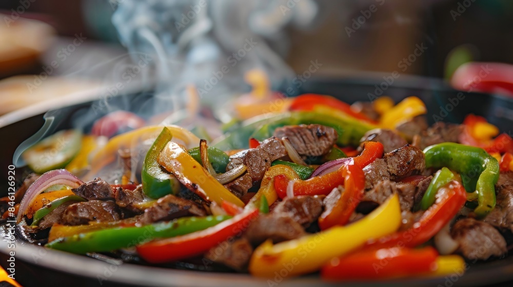 Steak fajitas being prepared with colorful bell peppers and onions