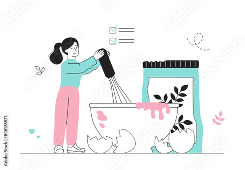 Dough kneading concept. Woman prepares dough. Pastry chef with egg and flour. Cooking homemade pastry and bakery eating. Linear flat vector illustration