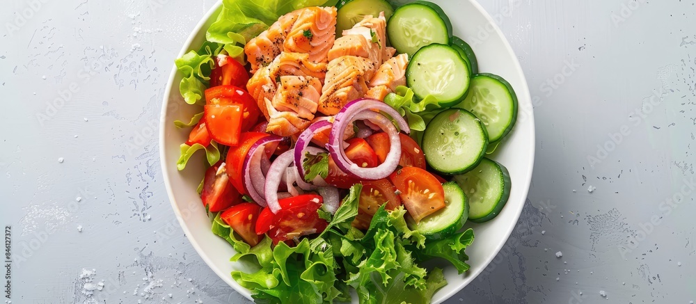 Top view of a ketogenic, keto, or paleo diet lunch bowl featuring salted salmon salad with fresh green lettuce, cucumbers, tomatoes, bell peppers, and red onions. Top view of a ketogenic, keto, or paleo diet lunch bowl featuring salted salmon salad with fresh green lettuce, cucumbers, tomatoes, bell peppers, and red onions.