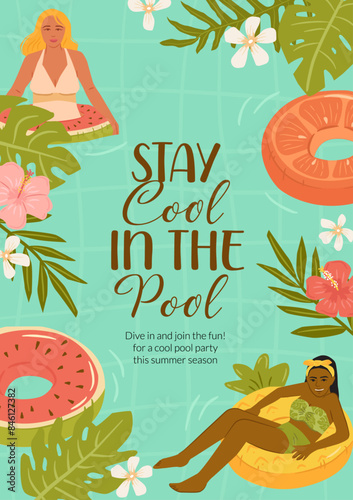 Tropical summer pool vector illustration poster, woman on fruit floater, leaves and floral for background templates