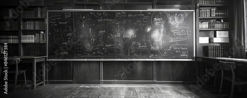 A vintage classroom with a large chalkboard filled with mathematical equations and scientific formulas, surrounded by bookshelves full of books, embodying the essence of academic pursuit photo