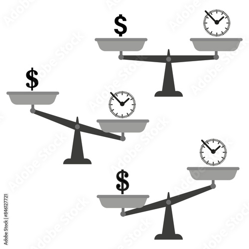 Balance scale vector. Time and money symbols. Comparative concept icons. Simple graphic design.