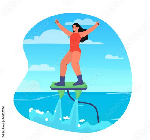 Flying on flyboard. Woman in red swimsuit skates through water. Active lifestyle and extreme sports. Tourist in tropical countries on sea. Cartoon flat vector illustration