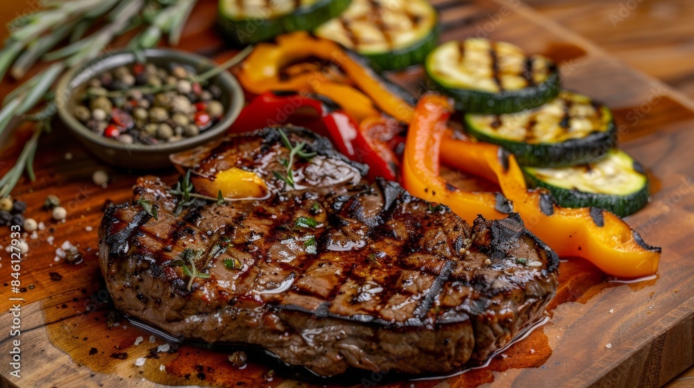 Steak with a side of grilled zucchini and bell peppers Steak with a side of grilled zucchini and bell peppers