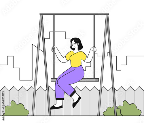 Girl on swing. Woman sits on swing in backyard. Freedom and cheer. Person spend time outdoors, having fun. Positive and optimism. Linear flat vector illustration