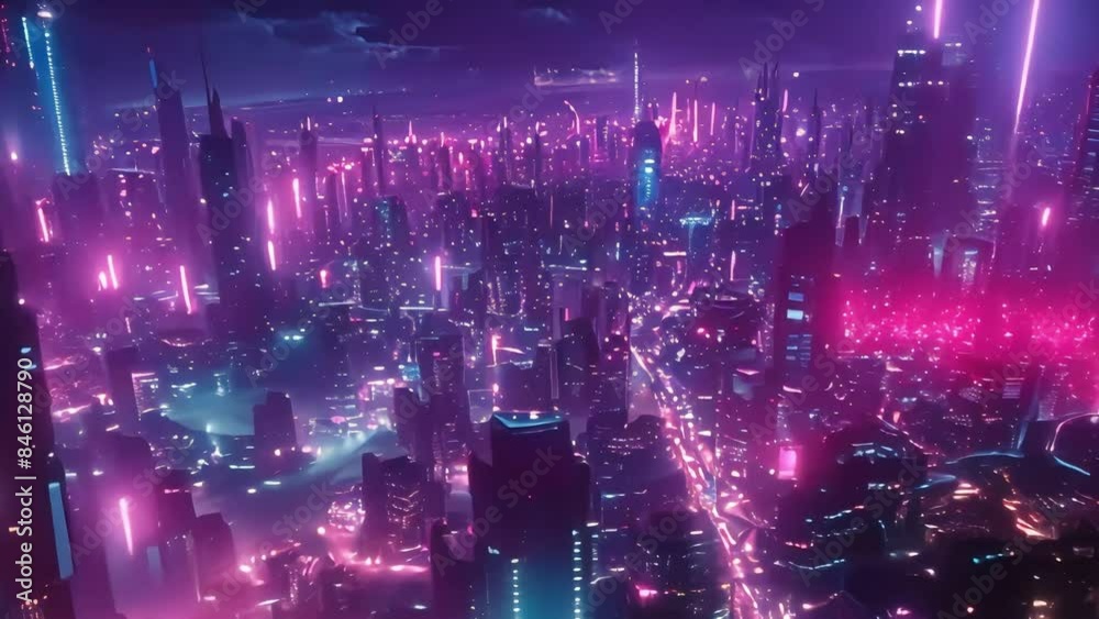 a futuristic yet bright scifi cyberpunk metropolis with neon lights that fill the entire metropolis and filled with tall buildings and long highways at night