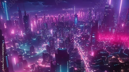 a futuristic yet bright scifi cyberpunk metropolis with neon lights that fill the entire metropolis and filled with tall buildings and long highways at night