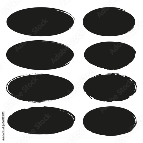 Grunge oval shapes. Black brush strokes. Abstract vector elements. Rough texture design.