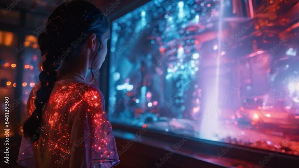 A young woman experiences a holographic game with friends and family. A young woman experiences a holographic game with friends and family.