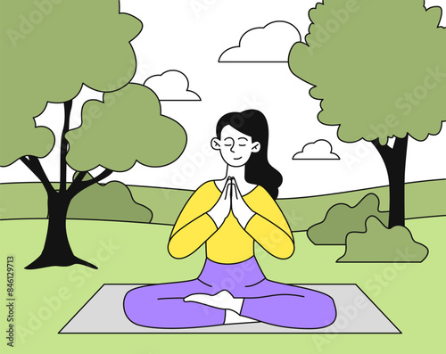 Woman meditate in nature. Young girl sits outdoors on yoga mat. Concentration and meditation. Active lifestyle and sports. Linear flat vector illustration