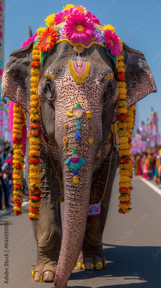 An elephant decorated with flowers for a parade honoring the peaceful animal. 