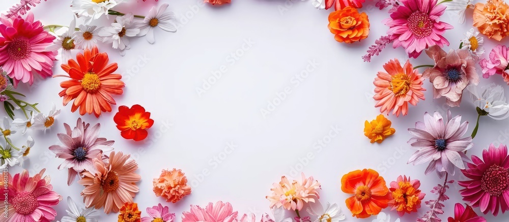 Colorful flower wreath on a white background symbolizing Easter, spring, and summer - top view with space for text Colorful flower wreath on a white background symbolizing Easter, spring, and summer - top view with space for text