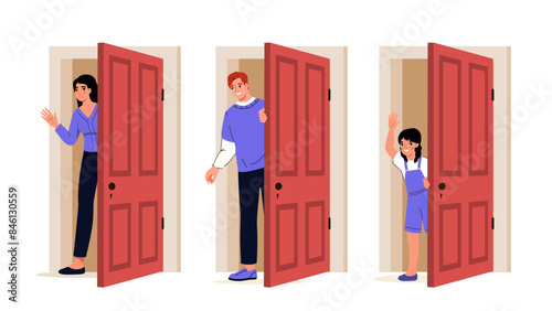 People opening doors set. Man, woman and girl open doors. People come or go home. Characters in doorways, entrances. Cartoon flat vector collection isolated on white background