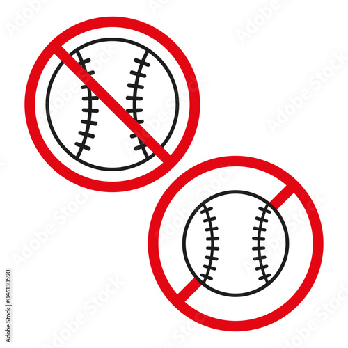 No baseball vector. Prohibited sign icons. Red circle with slash. Simple sports symbols.