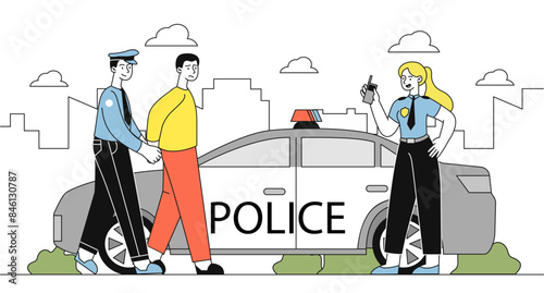 Police arresting criminal. Policeman leads criminal to car. Safety in city. Young guy in handcuffs. Officers with thief or mugger. Linear flat vector illustration