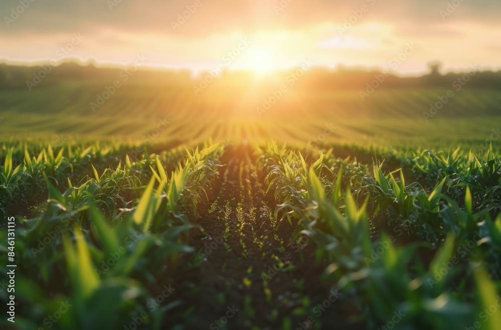 Fototapeta premium corn field or maize field at agriculture farm in the misty from watering sprinkler morning sunrise