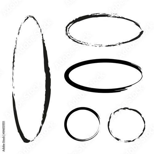 Grunge oval frames. Rough brush circles. Black vector elements. Abstract design.