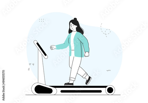 Woman running on treadmill. Girl training in gym. Cardio training and fitness, active lifestyle and sports. Athlete trying to lose weight. Linear flat vector illustration