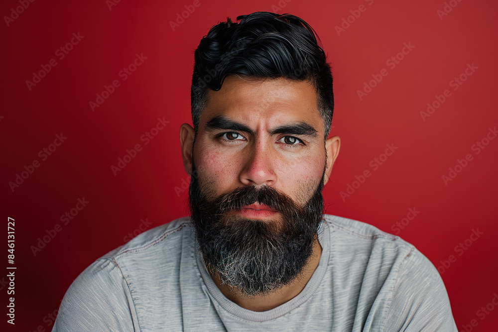 Obraz premium Bearded Latino Hispanic Mexican Brazilian Colombian Man Isolated on a red Background Attractive Male Confident Stylish Ethnic Cultural Portrait Studio Photography