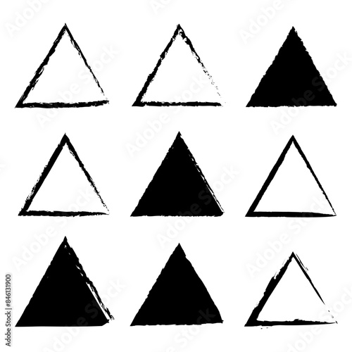 Grunge triangle icons. Hand drawn vector. Abstract black shapes. Rough border design.