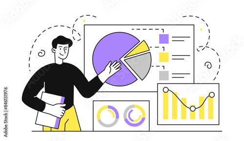 Man with statistics. Young guy near graphs and diagrams. Analyst conducts marketing research. Business presentation and lecture. Linear flat vector illustration