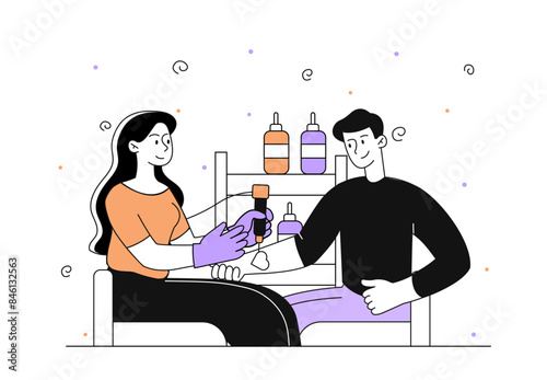 Tattoo master with client. Woman gets tattoo on mans arm. Young guy at tattooist. Fashion and style. Girl draws with ink on hand. Linear flat vector illustration