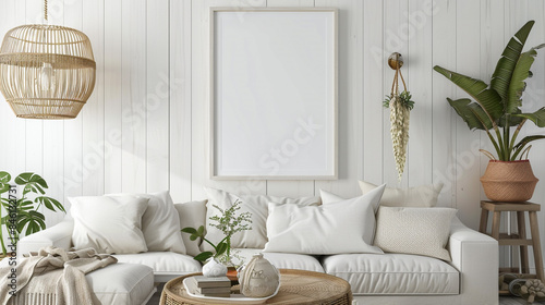 Cozy living room with a stylish white empty poster frame. photo