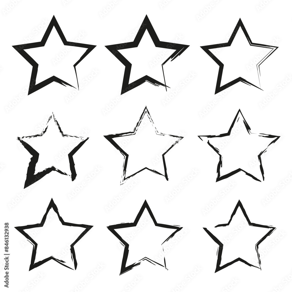 Grunge star frames. Nine black outlines. Hand-drawn vector. Abstract geometric shapes. Grunge star frames. Nine black outlines. Hand-drawn vector. Abstract geometric shapes.