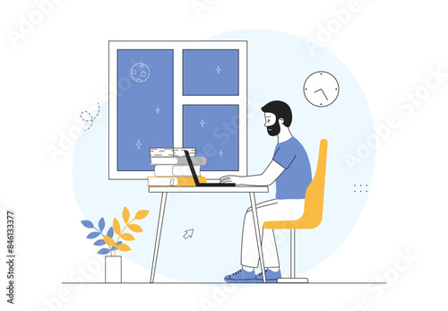 Man work late. Guy sits at workplace at night. Overworked employee in office. Poor time management and ineffective work process organization. Linear flat vector illustration
