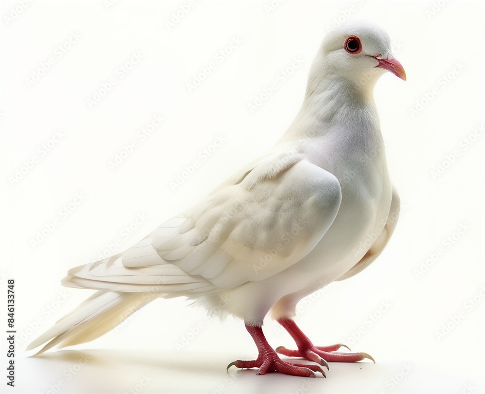 Obraz premium A graceful white dove with delicate feathers and red eyes stands elegantly. The bird's serene appearance is accentuated by the soft, glowing background.
