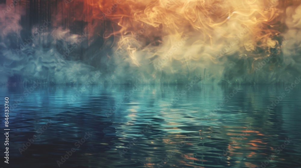 The water appears to be alive as it reflects the changing colors of the smoke hovering above it.