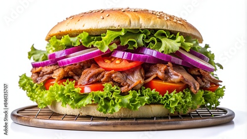 A Delicious And Juicy Doner Kebab Sandwich With Fresh Vegetables. photo