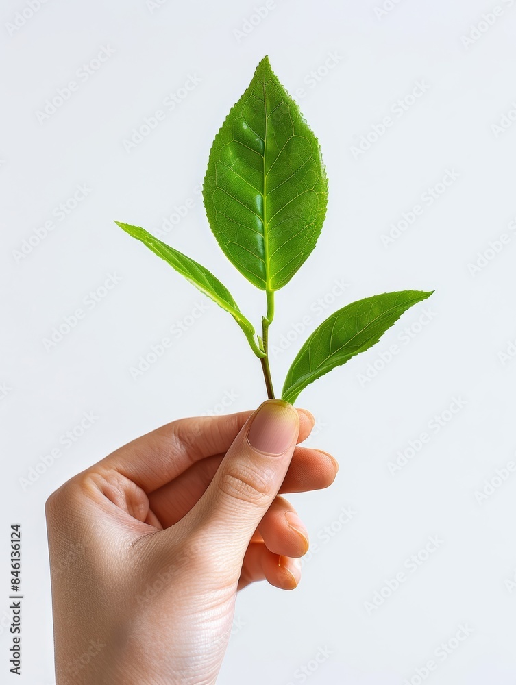 girl's hand holding a green tea leaf girl's hand holding a green tea leaf