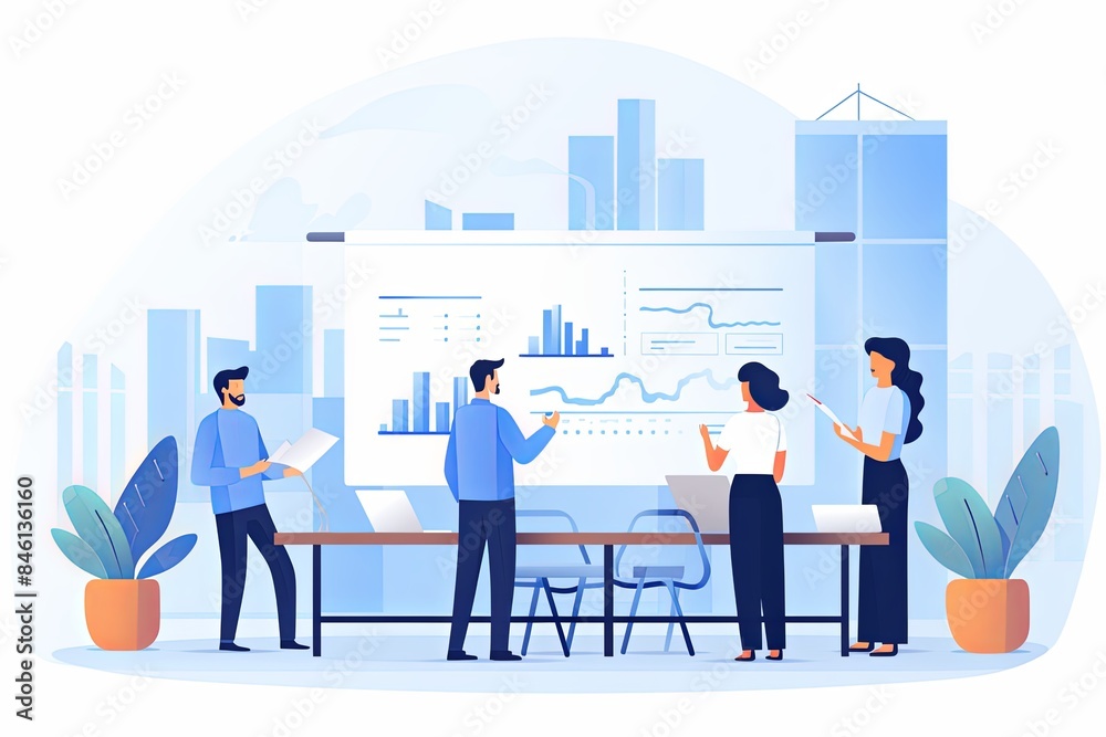 clean vector illustration of a team presenting clean vector illustration of a team presenting