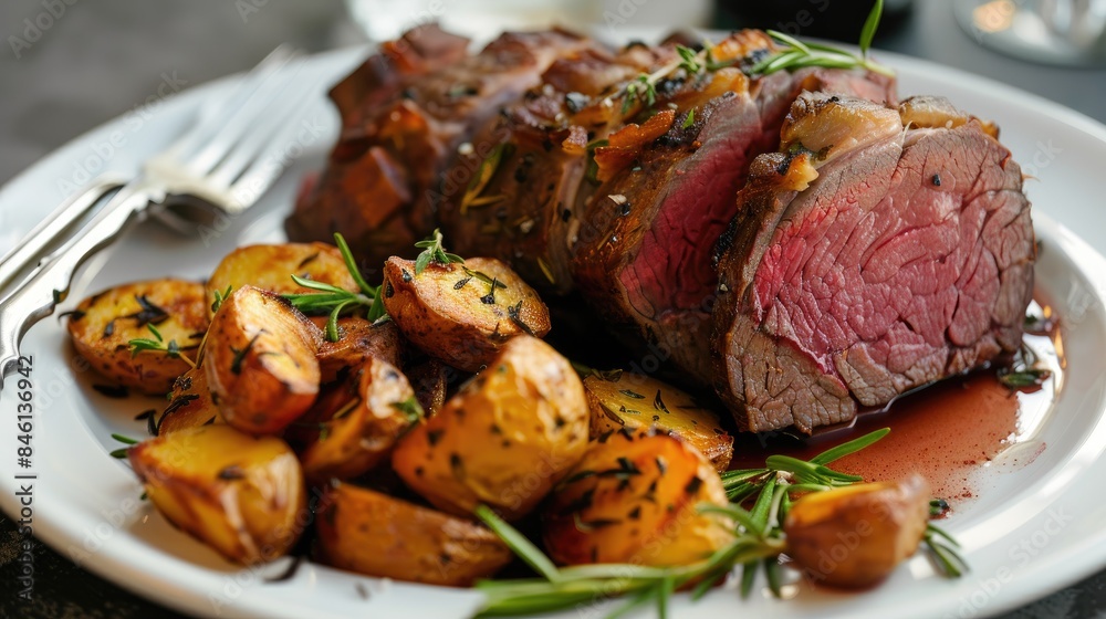 Plated roast beef with potatoes Plated roast beef with potatoes