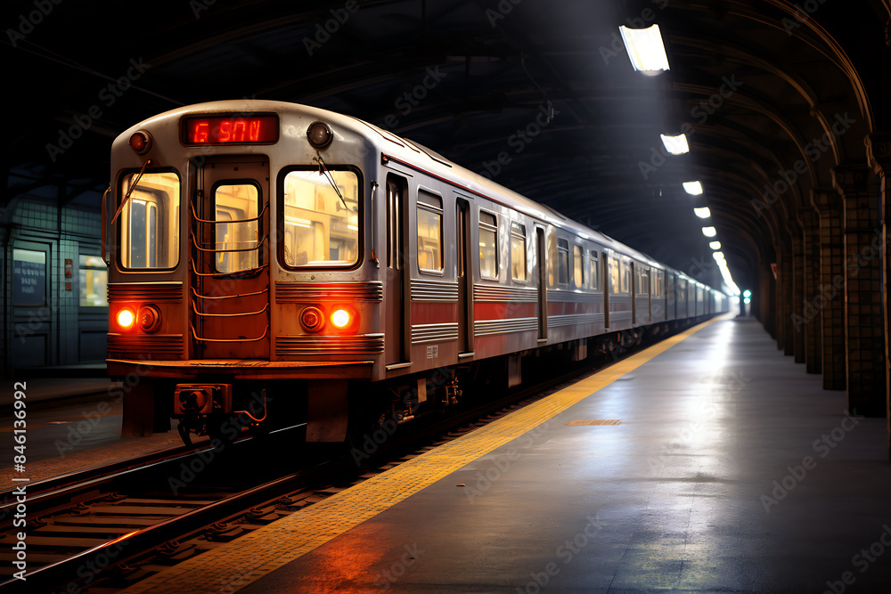 Train in the subway station at night, Moscow, Russia. Vintage style