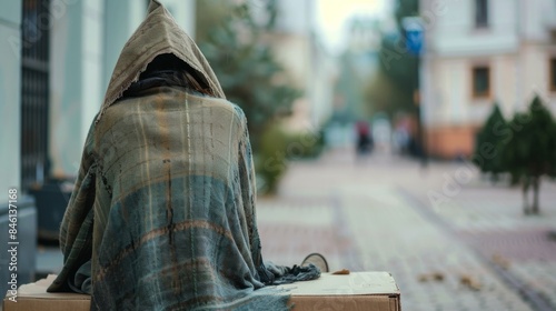 A person sits on a cardboard box face hidden from the camera by a tattered blanket dd over head. The makeshift shelter . .