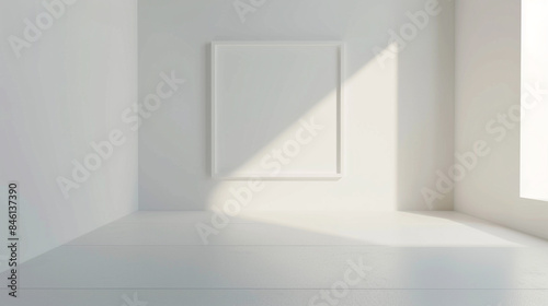 Minimalist perfection an empty white frame in a minimalist room, radiating perfection through its simplicity. © herry