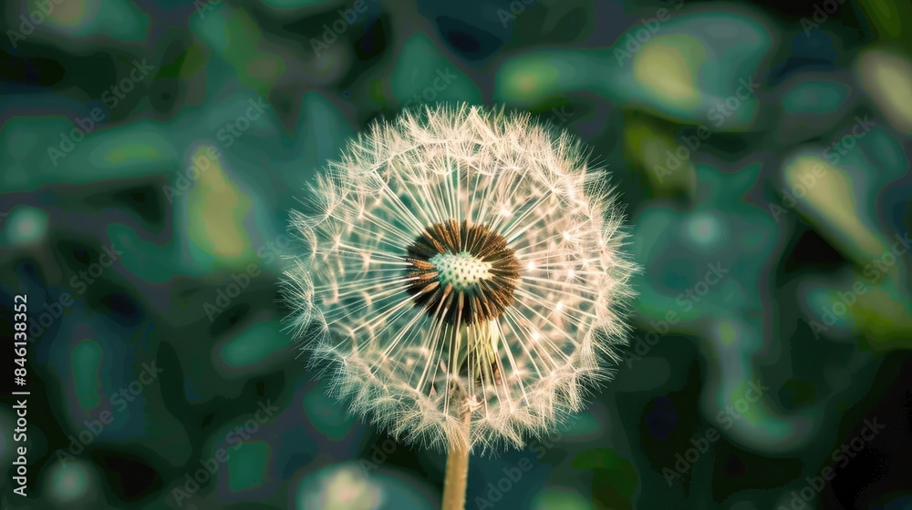 A dandelion up close against a dark green backdrop A dandelion up close against a dark green backdrop