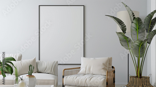 Modern living room with a chic white empty poster frame. photo
