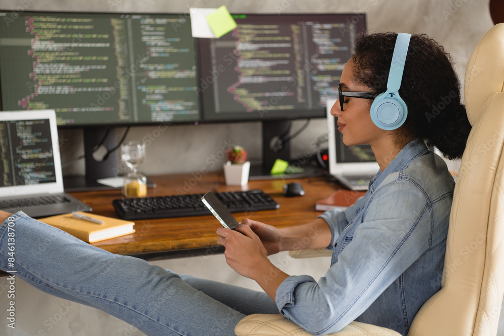Photo of adorable nice confident girl wear trendy denim shirt work web site modern technology workspace indoors Photo of adorable nice confident girl wear trendy denim shirt work web site modern technology workspace indoors