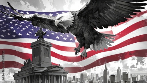 American Independence Day flag patriotic background with eagle in monochrome