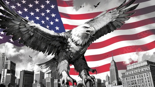 American Independence Day flag patriotic background with eagle in monochrome