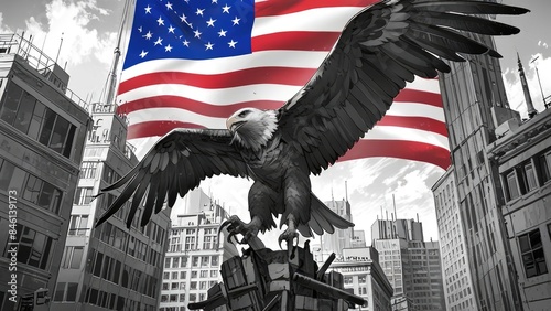 American Independence Day flag patriotic background with eagle in monochrome