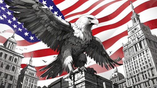 American Independence Day flag patriotic background with eagle in monochrome
