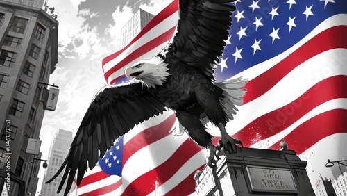 American Independence Day flag patriotic background with eagle in monochrome