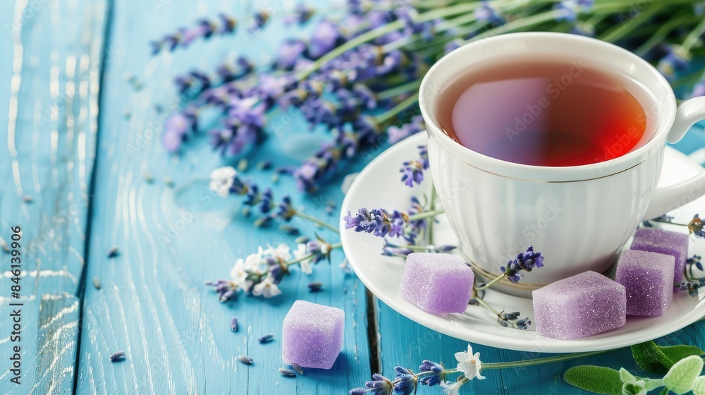 Lavender tea served with flowers syrup and sugar candy on a blue wooden table Lavender tea served with flowers syrup and sugar candy on a blue wooden table