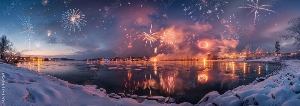 Fototapeta premium Fireworks Display Over Frozen River in Winter