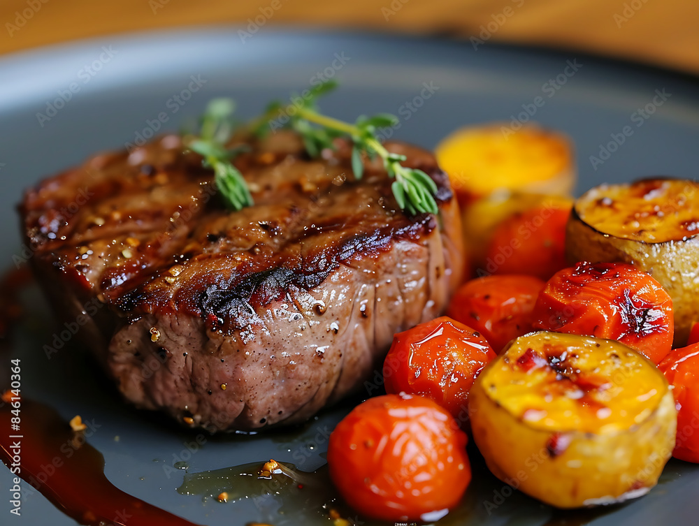 Beef steaks with baked potatoes on wooden board, closeup Beef steaks with baked potatoes on wooden board, closeup