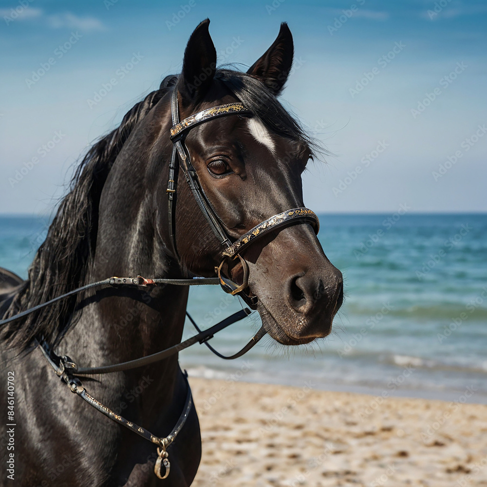 Obraz premium Portrait of black horse in bridle